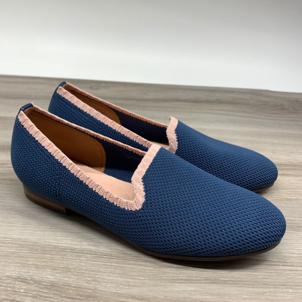 Vionic Willa Knit Flats Sz 5 Blue Pink Trim Slip On Comfort Loafer Shoe Fabric
